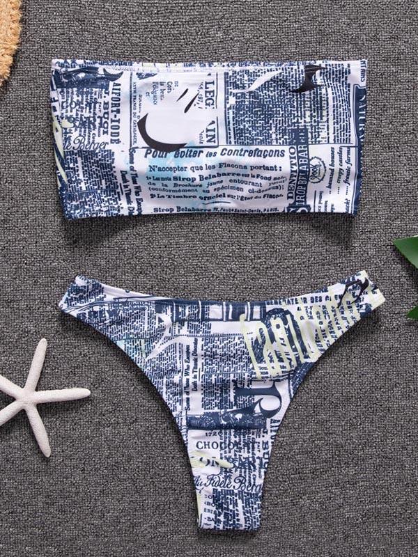 Fashion Printing Strapless Split Type Bikini Swimsuit