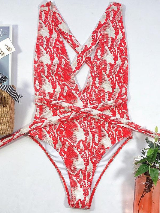 Deep V-Neck Backless Bandage One-Piece Swimwear