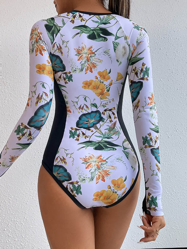 Long Sleeves Zipper Floral Printed Split-Joint One-Piece Wetsuits