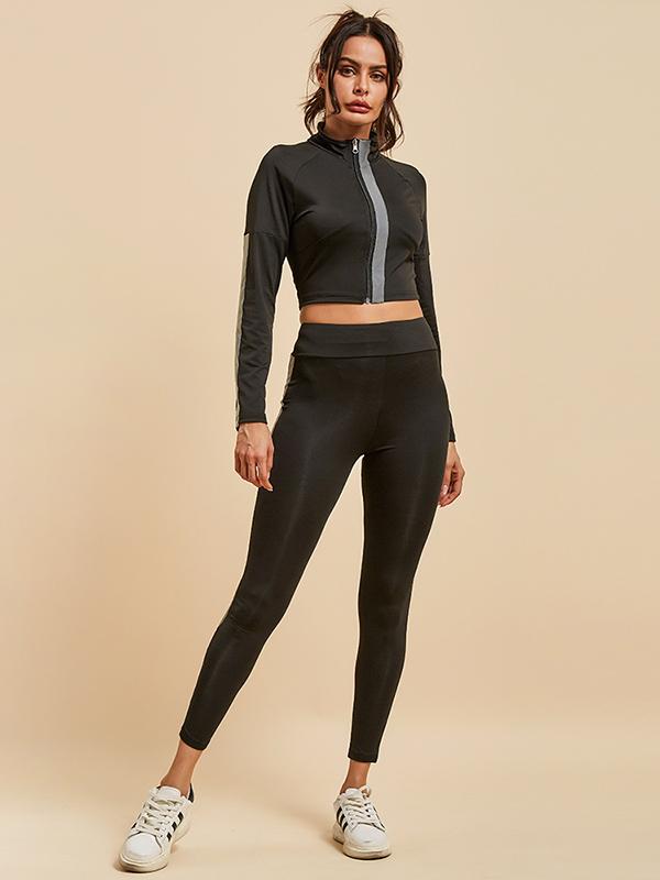 Contrast Trim Zipper Jacket And Leggings Sport Suits