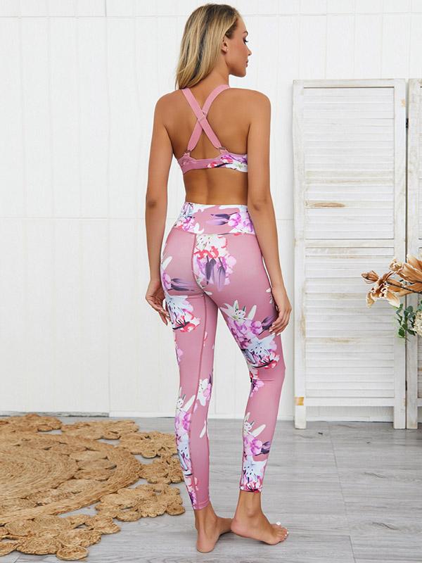 Flower Printed Sports Bra And High Waist Leggings Suits