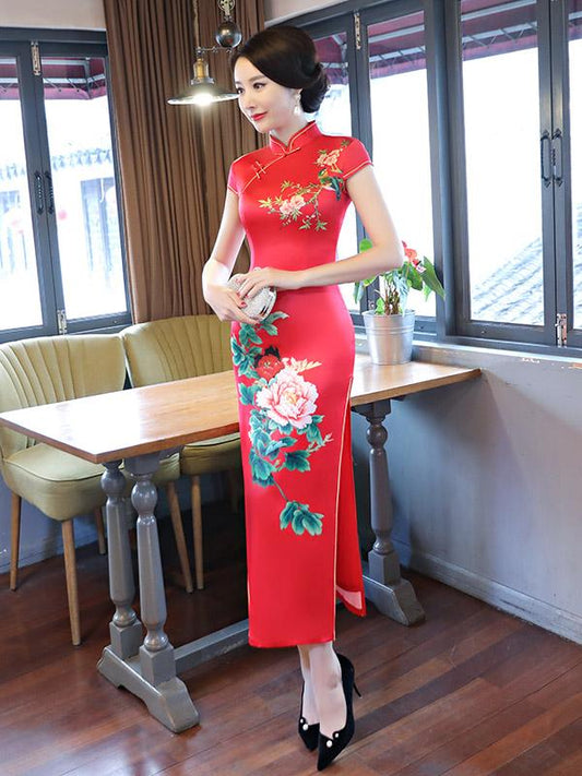 Red Peony Print Side Split Long Cheongsam