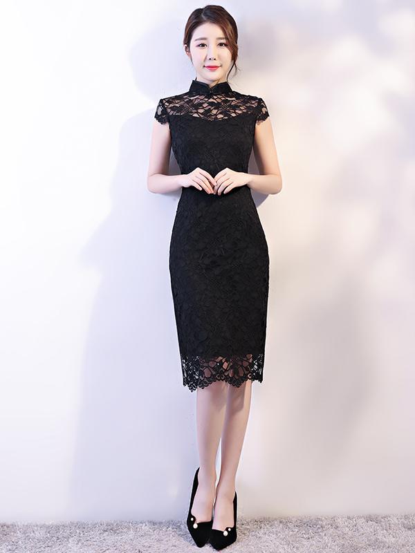 Black Lace See-through Split-side Short Cheongsam