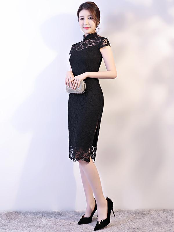 Black Lace See-through Split-side Short Cheongsam