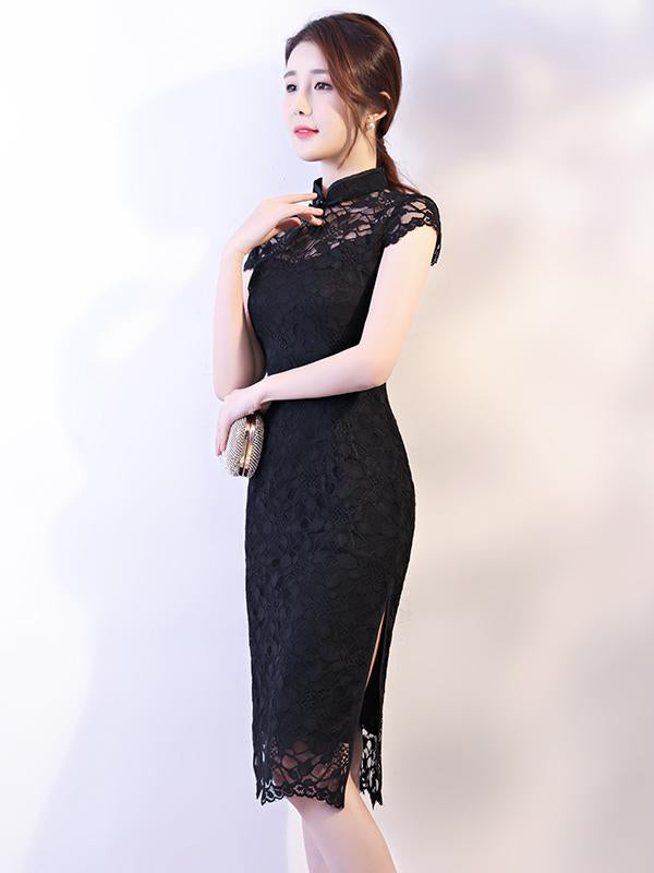 Black Lace See-through Split-side Short Cheongsam