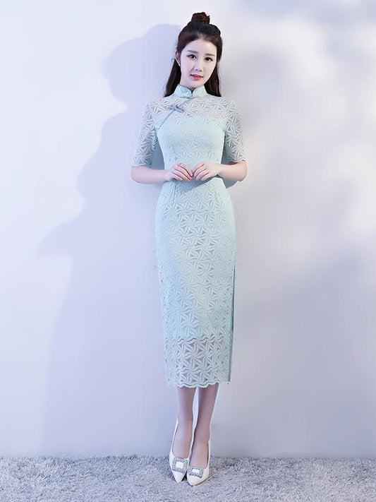 Light-green Lace Hollow Split-side Long Cheongsam