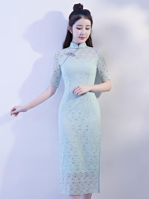 Light-green Lace Hollow Split-side Long Cheongsam