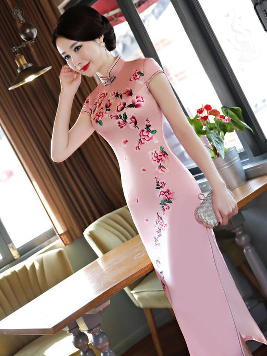 Pink Flower Print Stand-collar Long Cheongsam