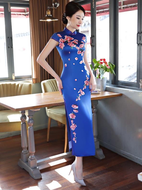 Blue Flower Print Stand-collar Long Cheongsam