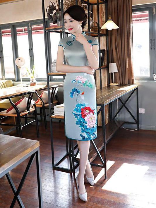 Light-green Peony Print Stand-collar Short Cheongsam