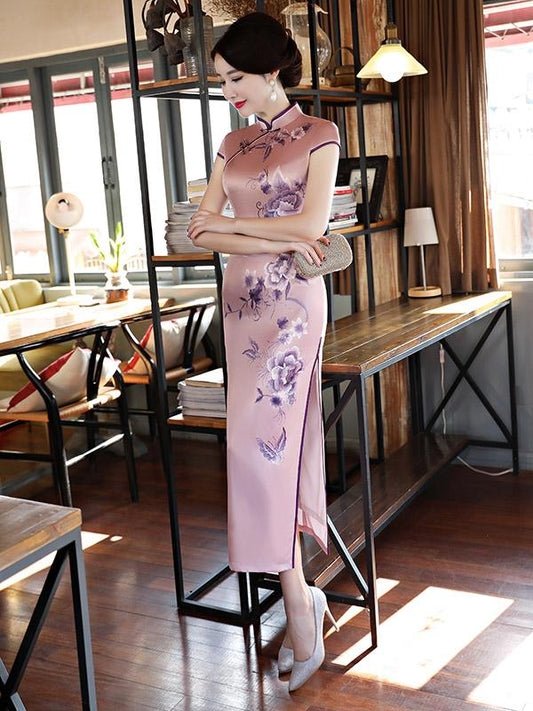 Light Purple Flower Print Stand-collar Long Cheongsam