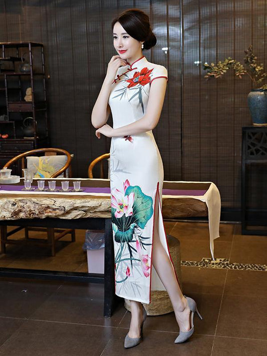 White Lotus Side Split Long Cheongsam