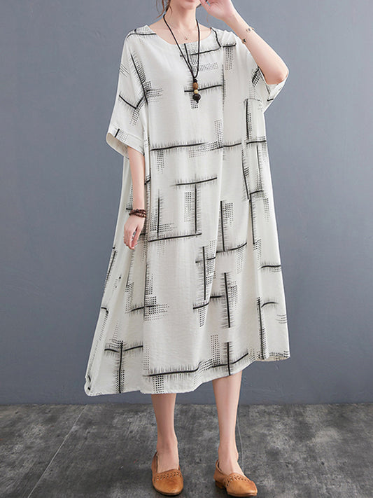 Artistic Retro Loose Striped Printed Contrast Color Midi Dress