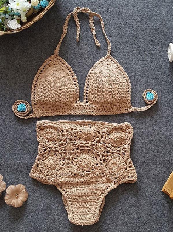 Sexy Spaghetti-Neck Backless Hand Crochet Bikini Swimsuit