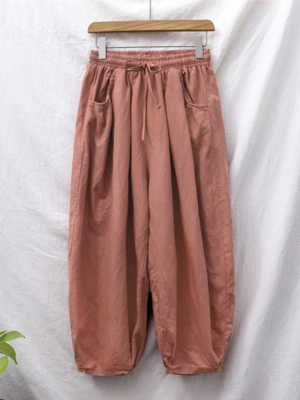 Simple Casual Loose Linen Solid Color Pleated Drawstring Knickerbockers