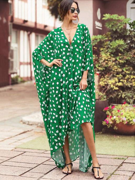 Loose Asymmetric Polka-dot V-neck Maxi Dress