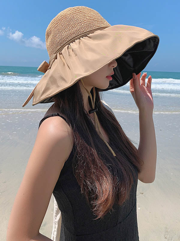 Vacation Weave Bow-Embellished Sun Protection Caps