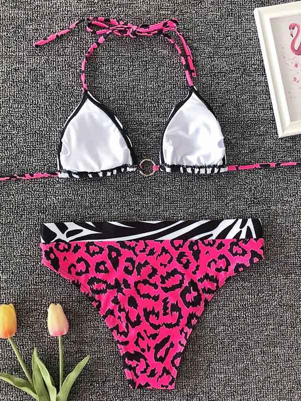 Animal Print Split-Joint Triangles Split Bikini Swimsuit