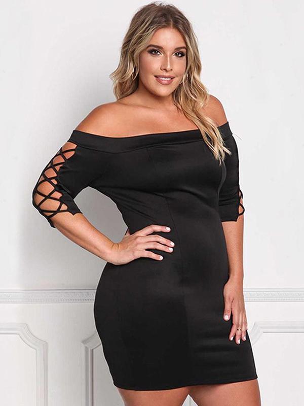 Plus Size Hollow Sleeve Off Shoulder Mini Dress