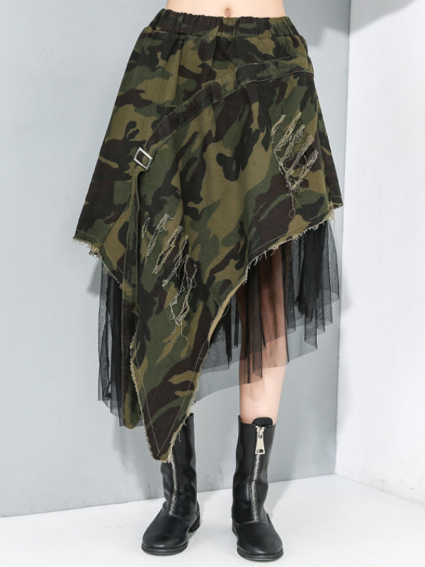 Stylish Camouflage Split-Joint Asymmetric Skirt