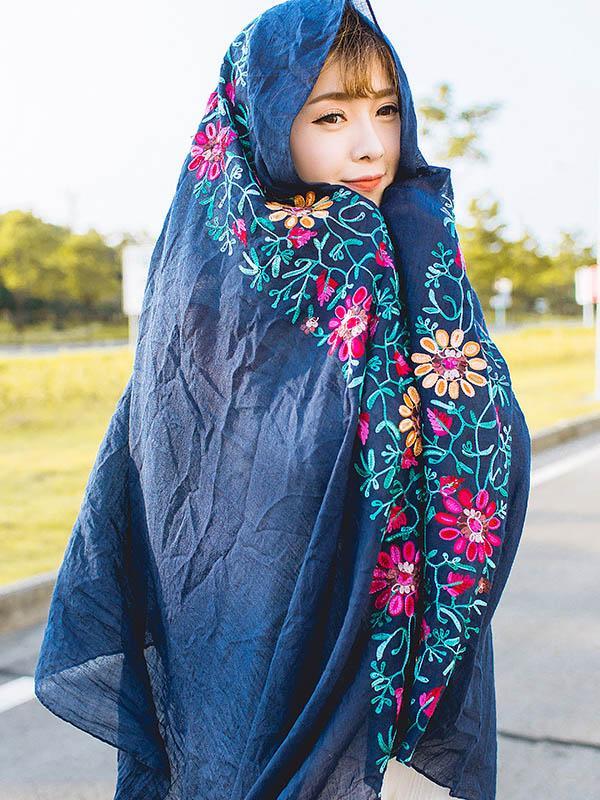 Traditional Style Shawl Scarf with Flower Print, Seven Colors