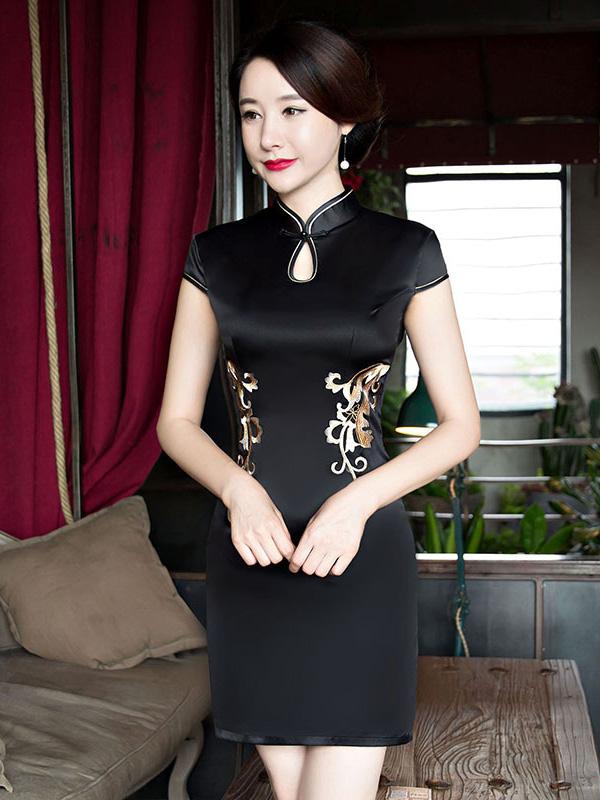 Elegant Black Embroidered Short Cheongsam