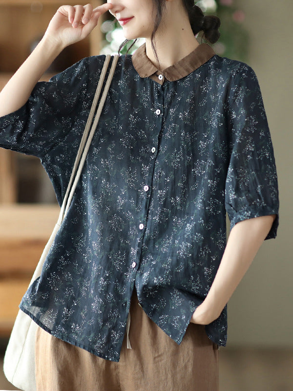 Vintage Loose Floral Printed Half Sleeves Blouse