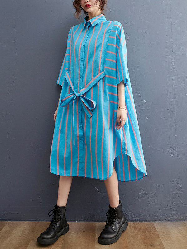 Stylish Striped Tied Buttoned Half Sleeves Lapel Collar Loose Midi Shirt Dress