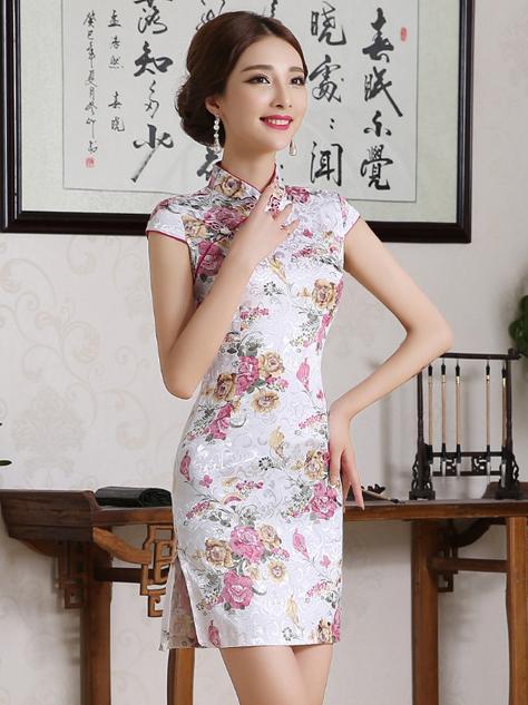 Traditional Chinese Short Dress with Floral Print