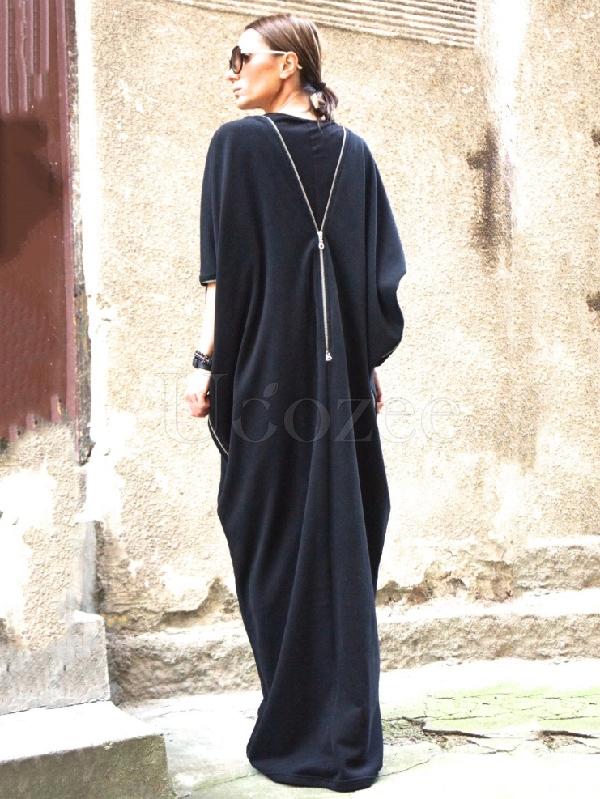 Navy-blue Zipper Batwing Sleeves Long Dress