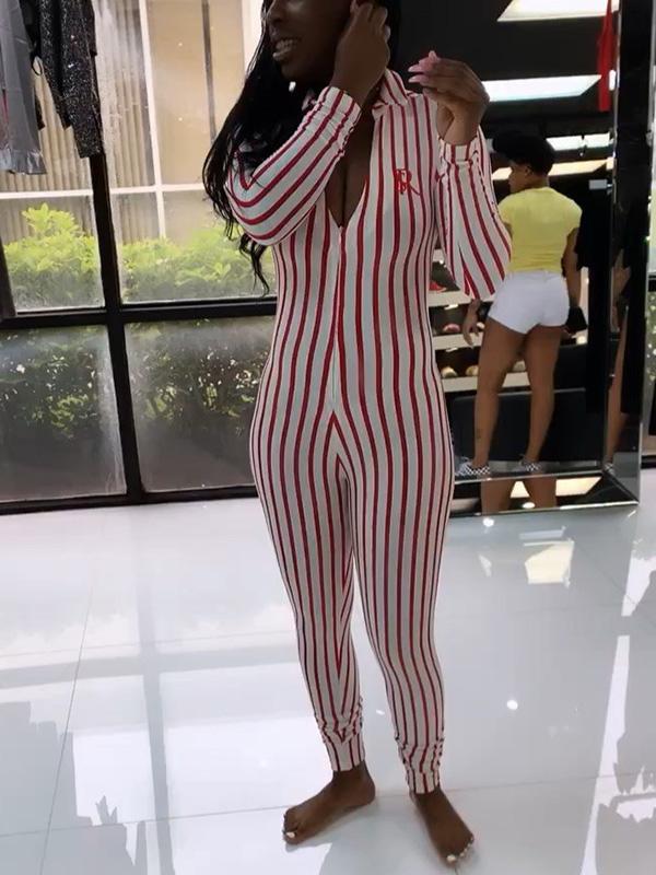 Striped V-neck Fitness Jumpsuits