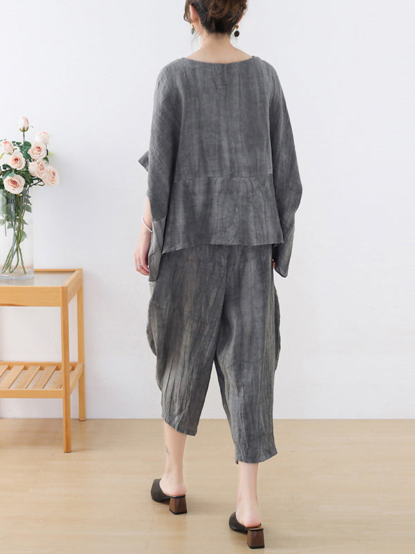 Vintage Linen Loose Split-Joint Round-Neck Batwing Sleeves T-Shirt+Elasticity Wide Leg Pants 2 Pieces Set