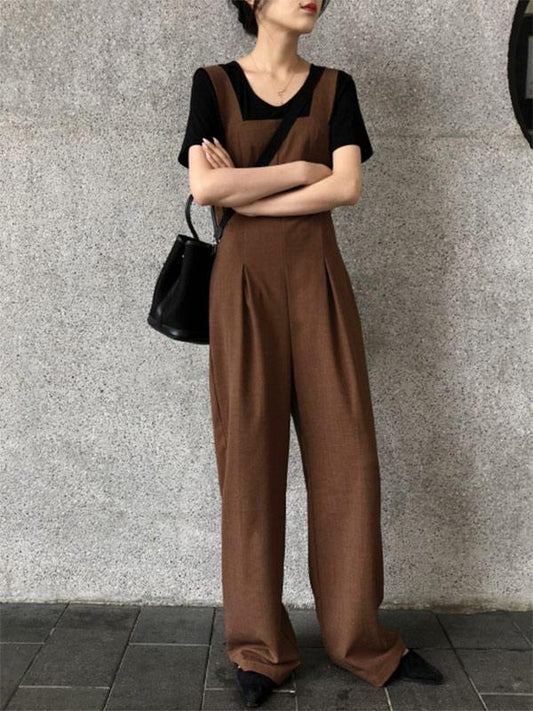 Coffee Straps Long Pants Jumpsuits