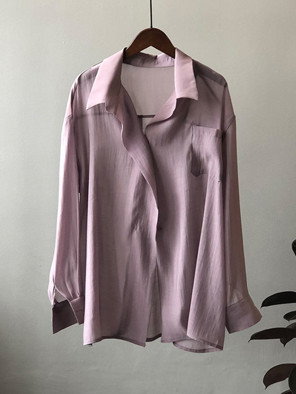 Simple Loose Long Sleeves Solid Color Thin Blouse