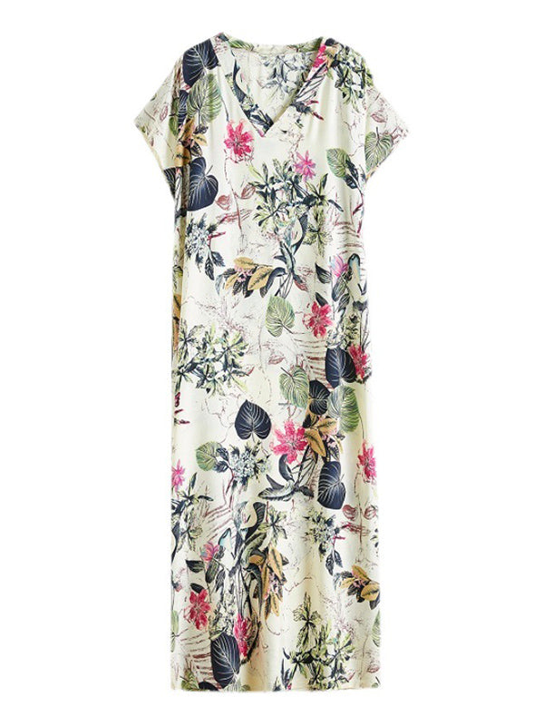 Original Floral Printed Loose Round-Neck Batwing Sleeves Maxi Dress