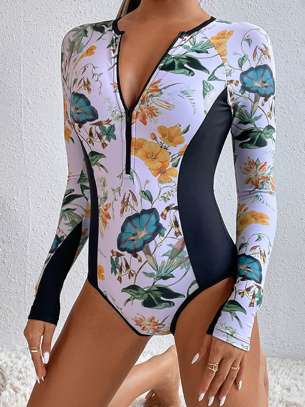 Long Sleeves Zipper Floral Printed Split-Joint One-Piece Wetsuits