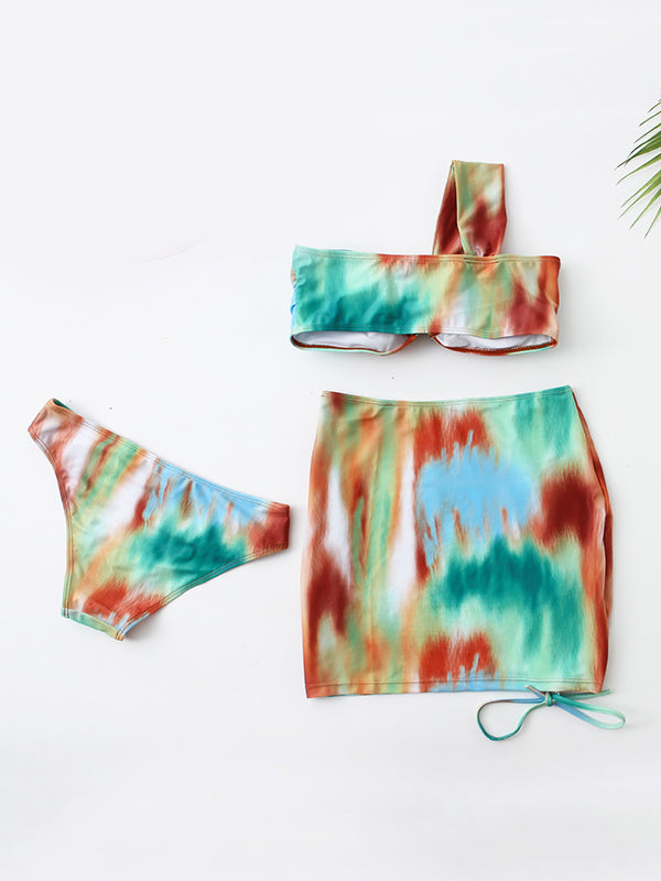 One-Shoulder Tie-Dyed Bikini Swimwear+ Drawstring Cover-Ups Skirt Three-Pieces Set