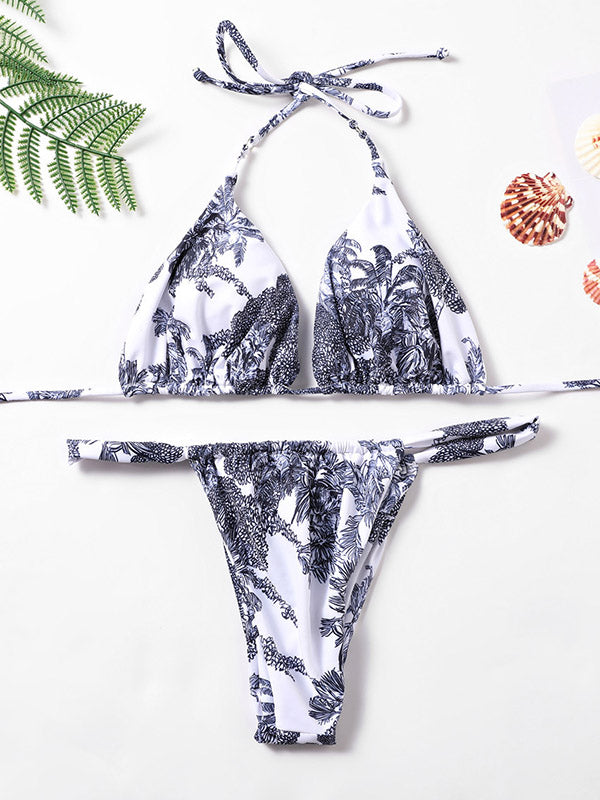 Triangle Floral Printed Ink-Style Backless Bikini Swimwear