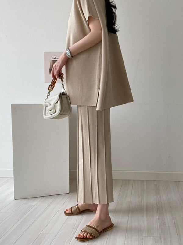 Casual Solid Color Split-Side Round-Neck Batwing Short Sleeves T-Shirt+Pleated Wide Leg Pants 2 Pieces Set