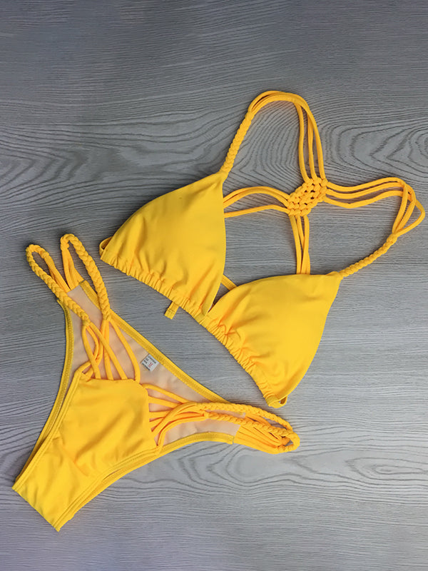 Solid Spaghetti-neck Bikini Set