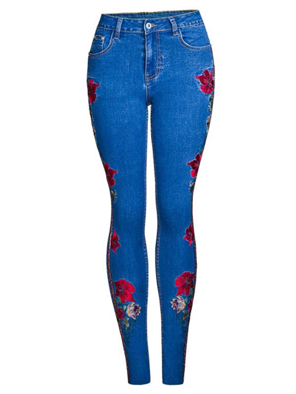 Embroidered Elastic Jeans Pants Bottoms