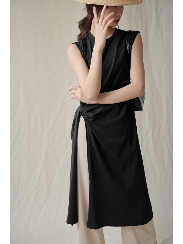 Casual Split-Side Sleeveless Ruffled Long Shirts