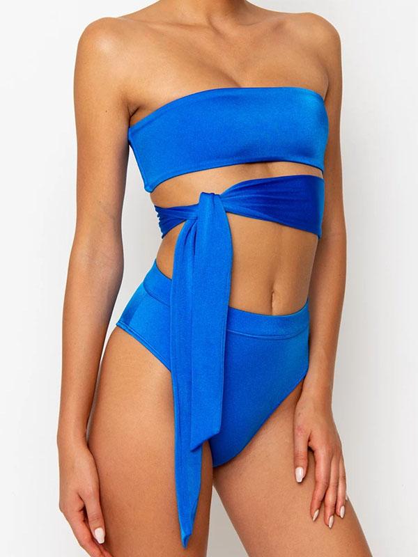 Sexy Strapless Bandage Knotted Split Bikini Swimsuit