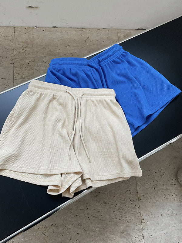 Casual Solid Color Sweatshirts& Drawstring Wide Leg Shorts Suits