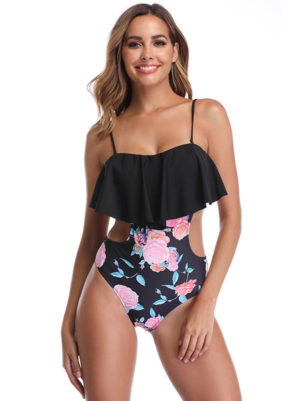 Sexy Strapless Hollow Flounces One-Piece Swimwear