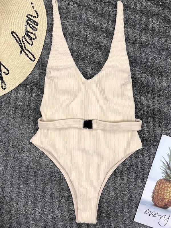 Solid Belted Sexy One-piece Swimwear