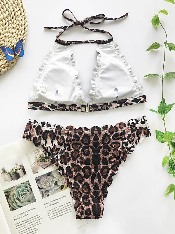 Sexy Triangles Bandage Leopard Print Split Type Bikini Swimsuit