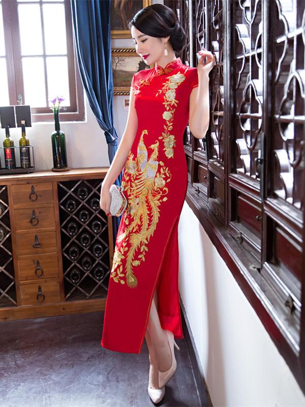 Red Embroidery Phoenix Long Cheongsam Dress