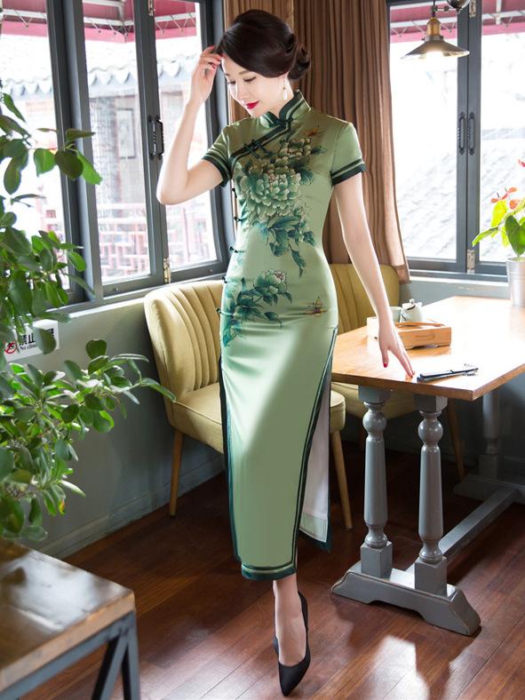 Green Peony Flower Side Split Long Cheongsam