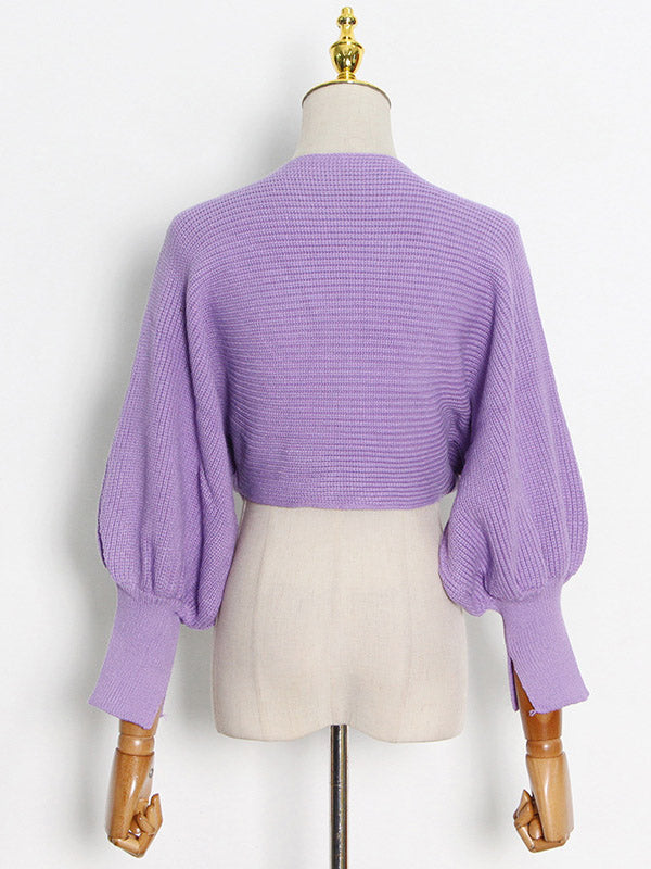 Casual Solid Color Round-Neck Bishop Sleeve Sweater Tops